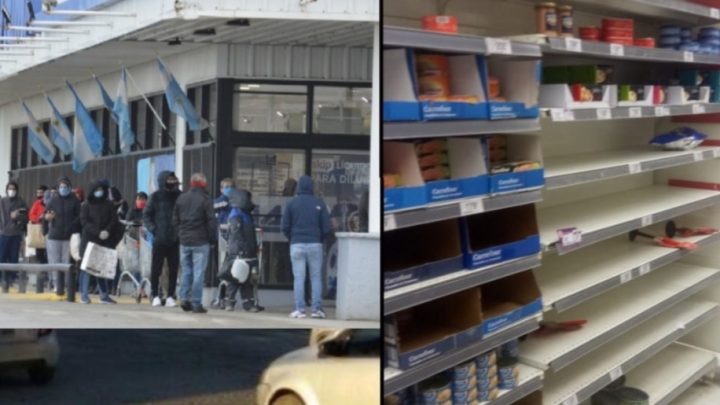 Largas filas para ingresar  y  góndolas vacías en supermercados de Rio Grande