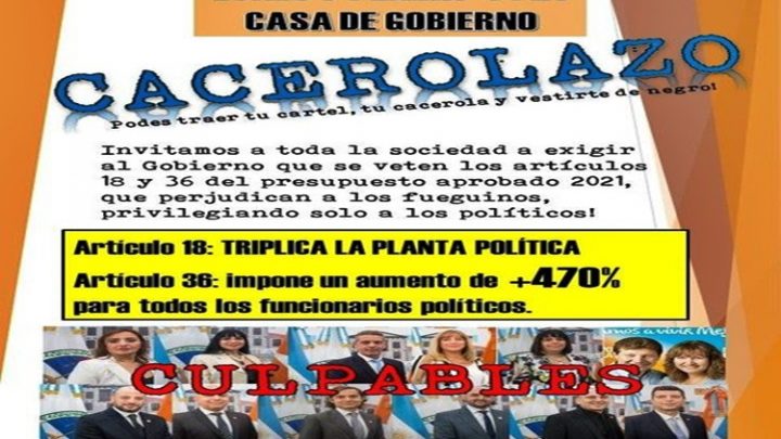 Convocan a un cacerolazo este lunes por el salariazo politico en TDF