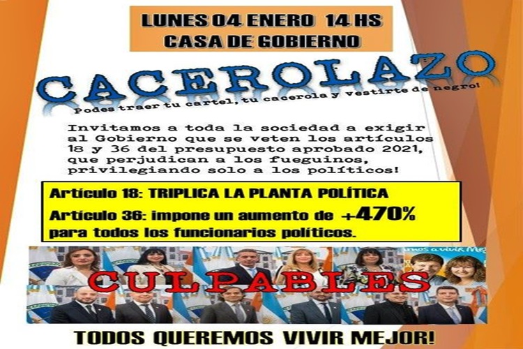 Convocan a un cacerolazo este lunes por el salariazo politico en TDF