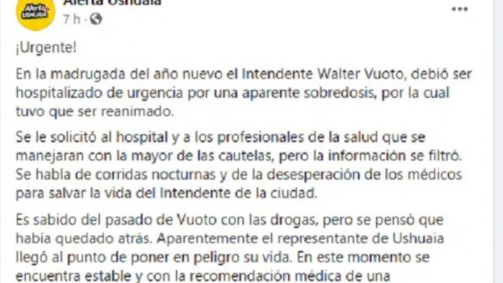 Fake News: Una página de Ushuaia inventó que Walter Vuoto fue hospitalizado