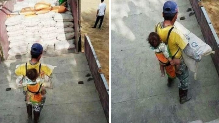 Un obrero viudo carga a su hijo en la espalda en la obra para no dejarlo solo