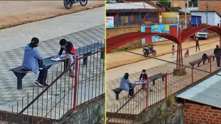 Un alumno no tenía celular ni computadora y la maestra fue a enseñarle a la plaza