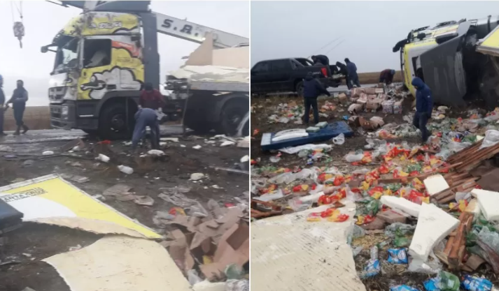 Impresionante vuelco en Ruta 3 dejó un arsenal de mercadería tirada a la vera del camino