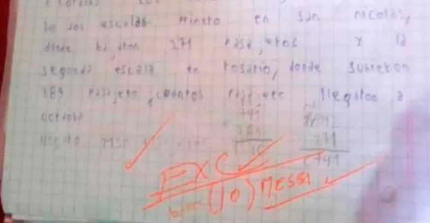 Un profesor de matemática le puso un “10 Messi” a su alumno