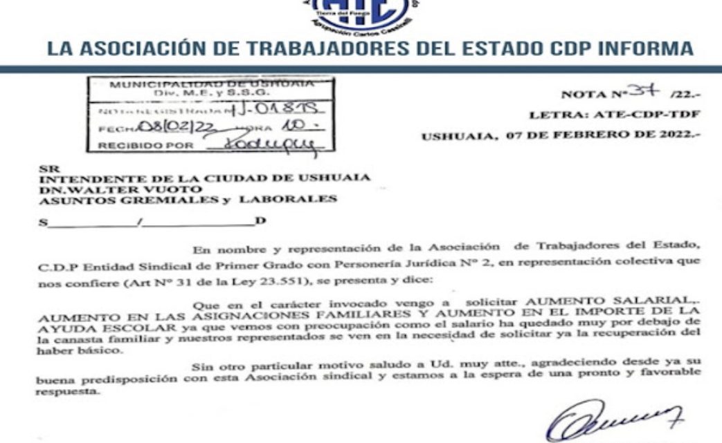 ATE pidió por nota aumento salarial en la Municipalidad de Ushuaia