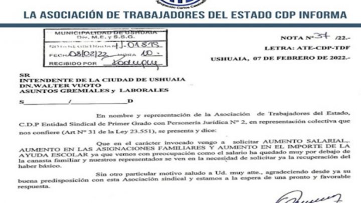 ATE pidió por nota aumento salarial en la Municipalidad de Ushuaia