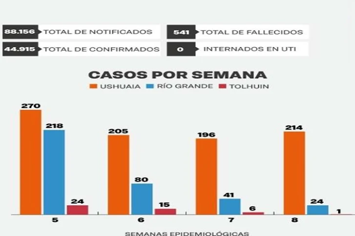 Tres muertos, 214 casos en Ushuaia, 24 en Rio Grande y 1 en Tolhin