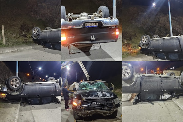 Camioneta quedo volcada en Alem luego de caer desde el estacionamiento del Hotel Ushuaia
