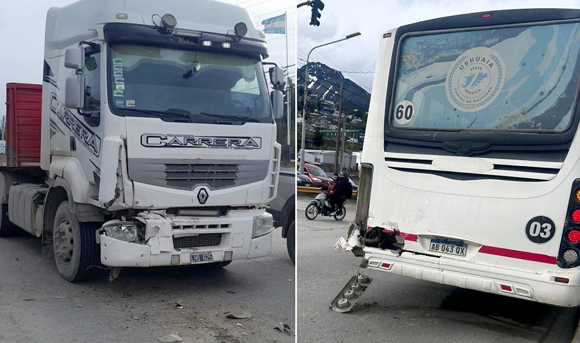 USHUAIA: Un camión colisionó la parte trasera de un colectivo
